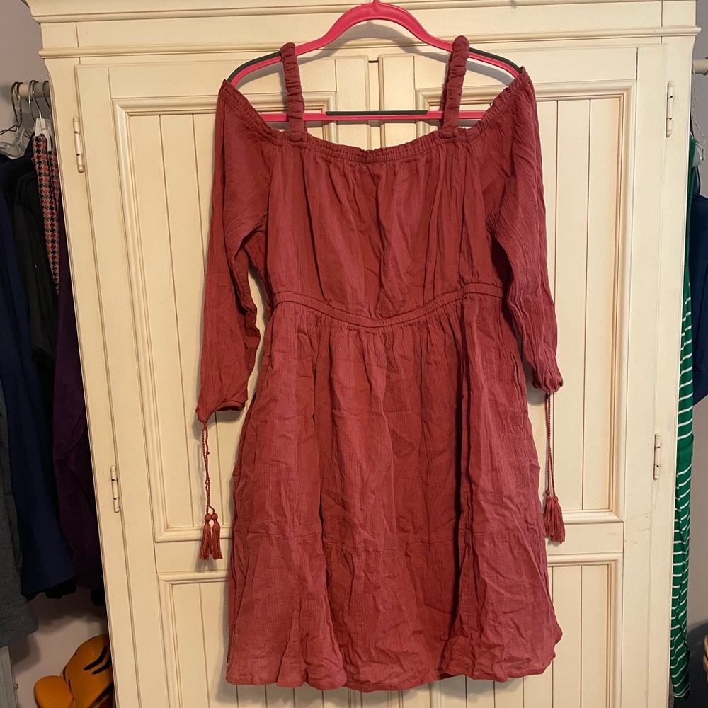 Cold shoulder/off the shoulder gauzy dress with tie feature on sleeve